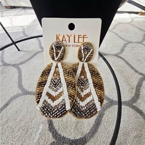 Kay Lee Beaded Earrings in Brown and White NWT